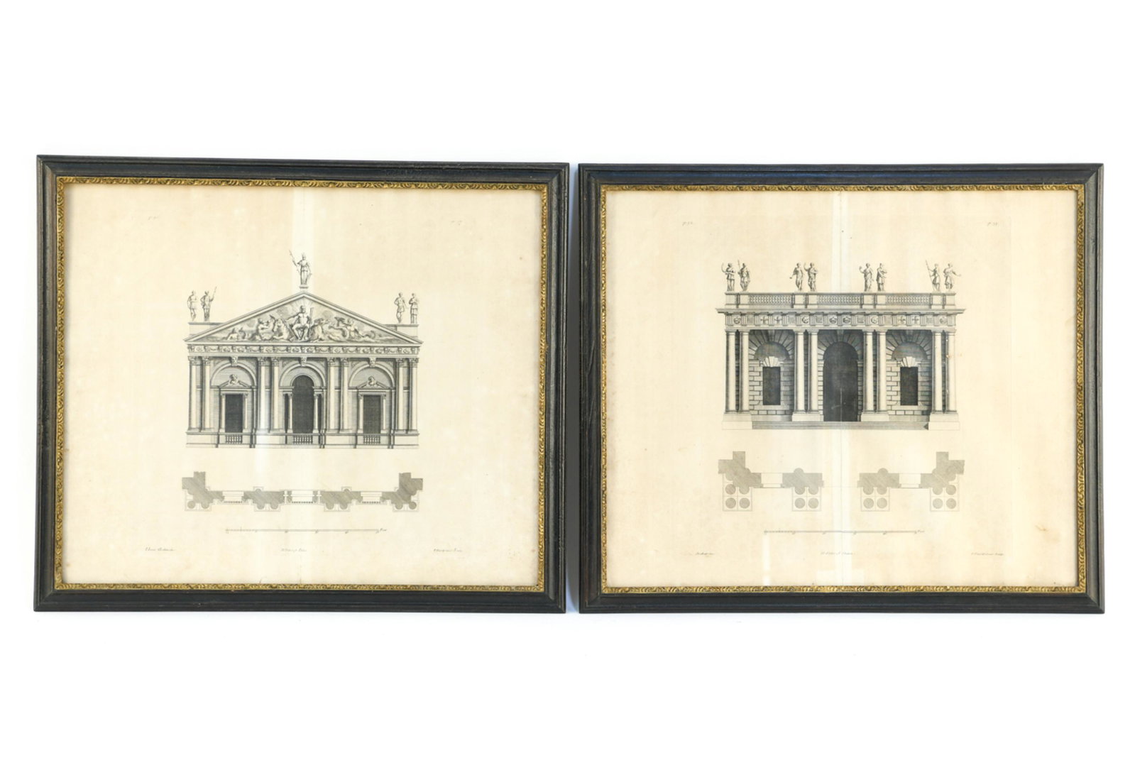 (2) INIGO JONES 1727 ENGRAVINGS: From the 1727 edition. Both with original center folds. Dimensions: (Frame) H 19.5" x W 22.5" Condition: Aged toning.