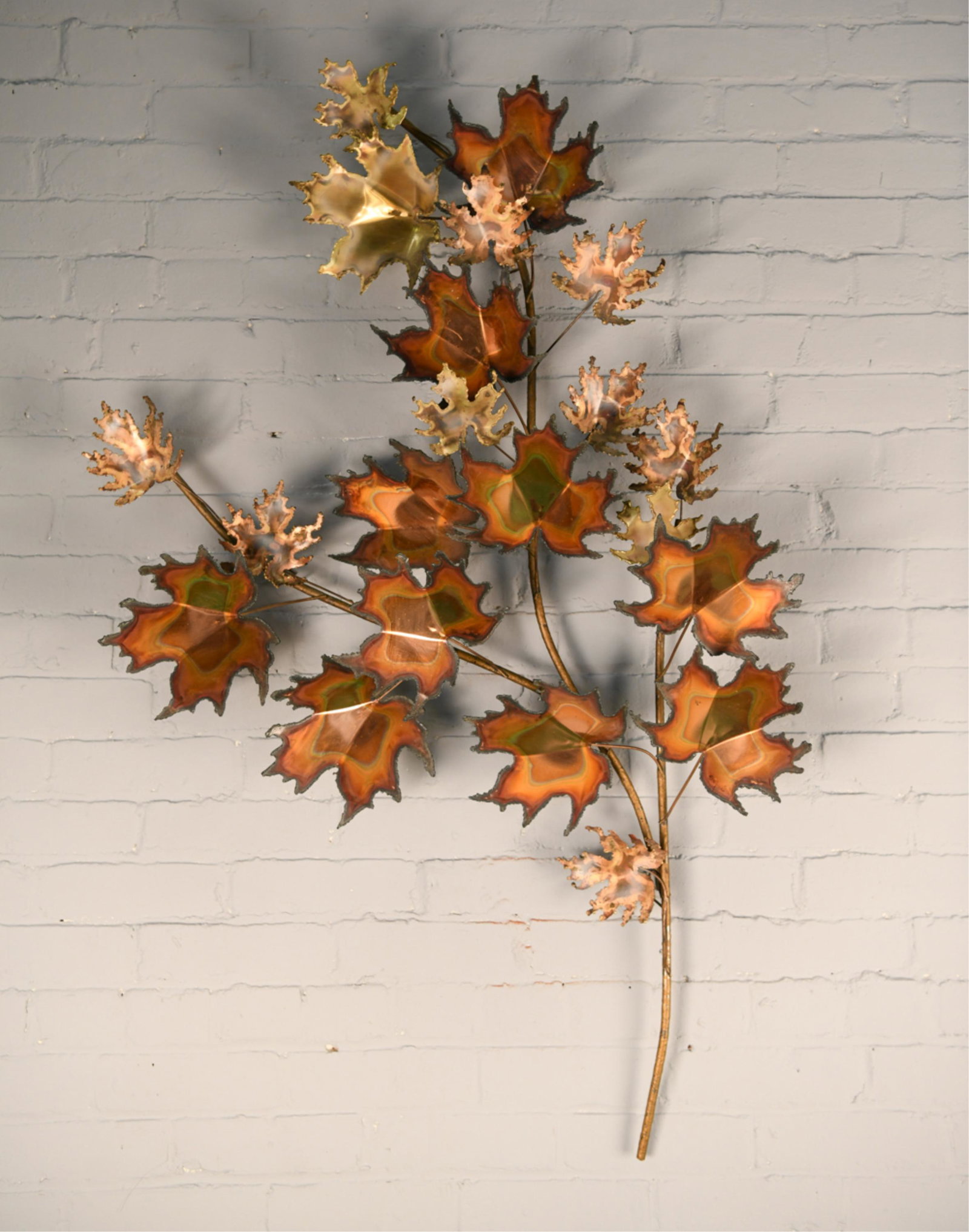 CURTIS JERE LEAVES WALL SCULPTURE: Signed. Dimensions: H 50" x W 30" x D 11" Condition: Normal signs of age.