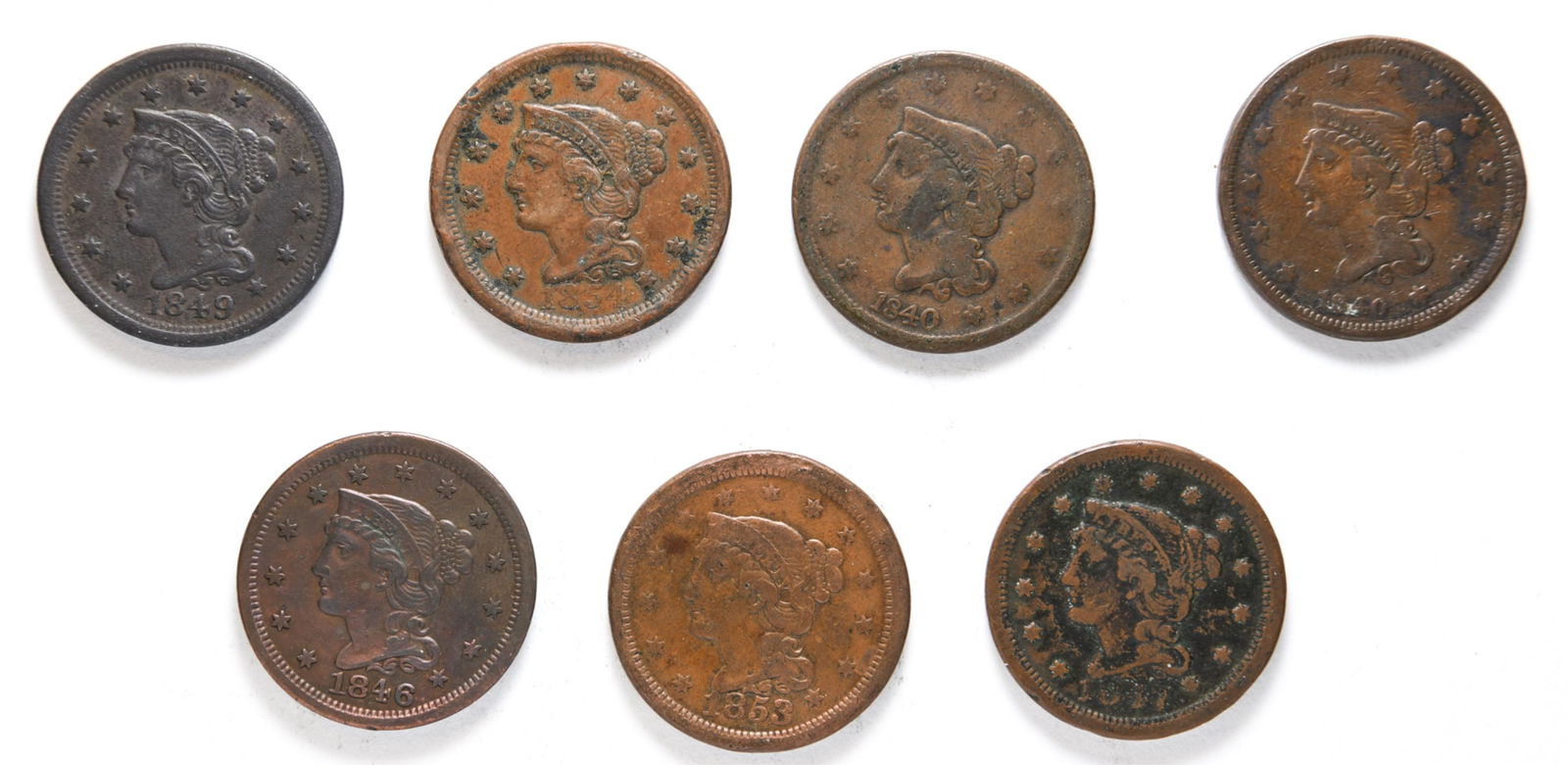 (7) LARGE CENT 1840-53 VARIOUS DATES AND CONDITION (1 of 2)