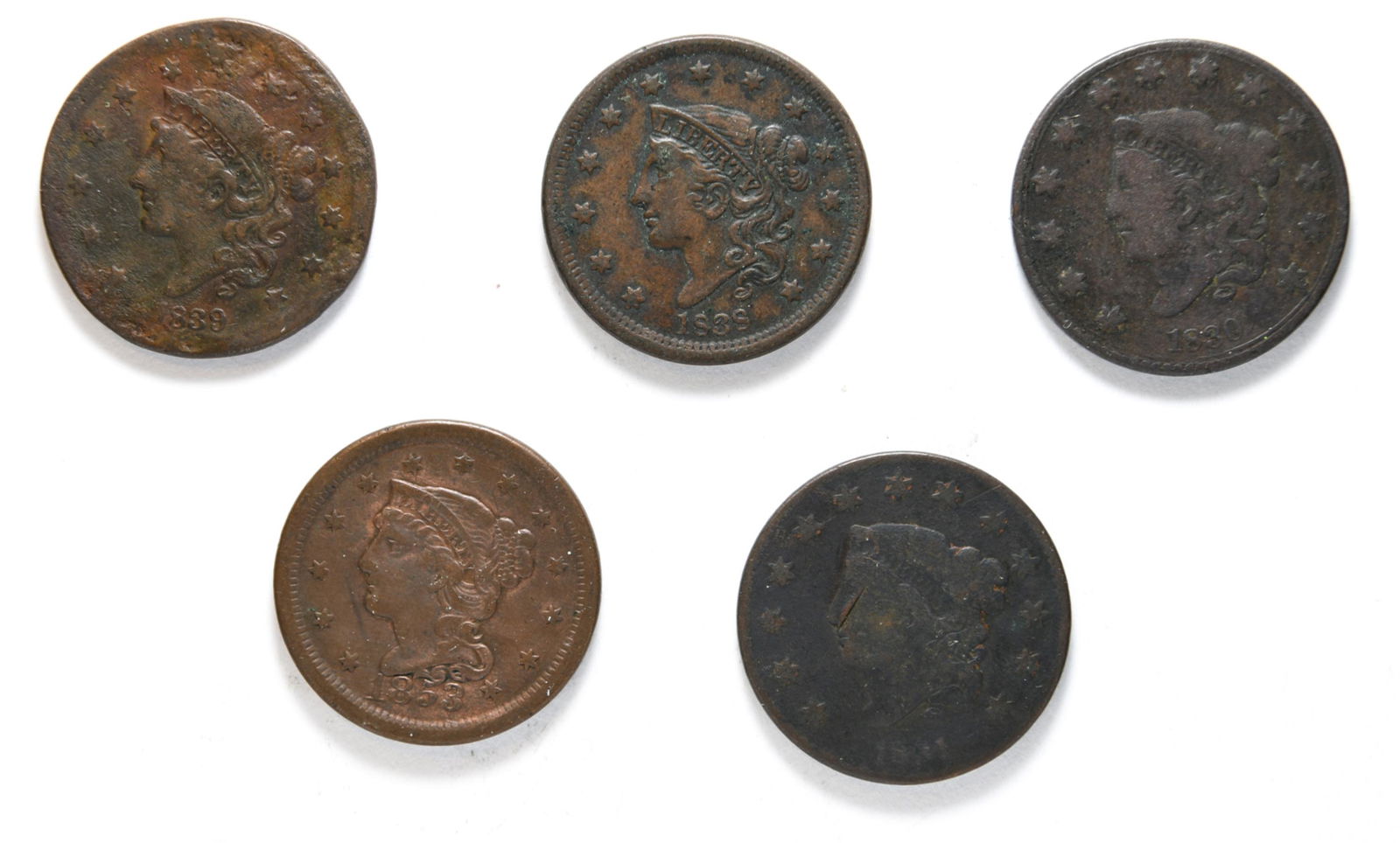 (5) LARGE CENT 1831-39 VARIOUS DATES AND CONDITION (1 of 2)