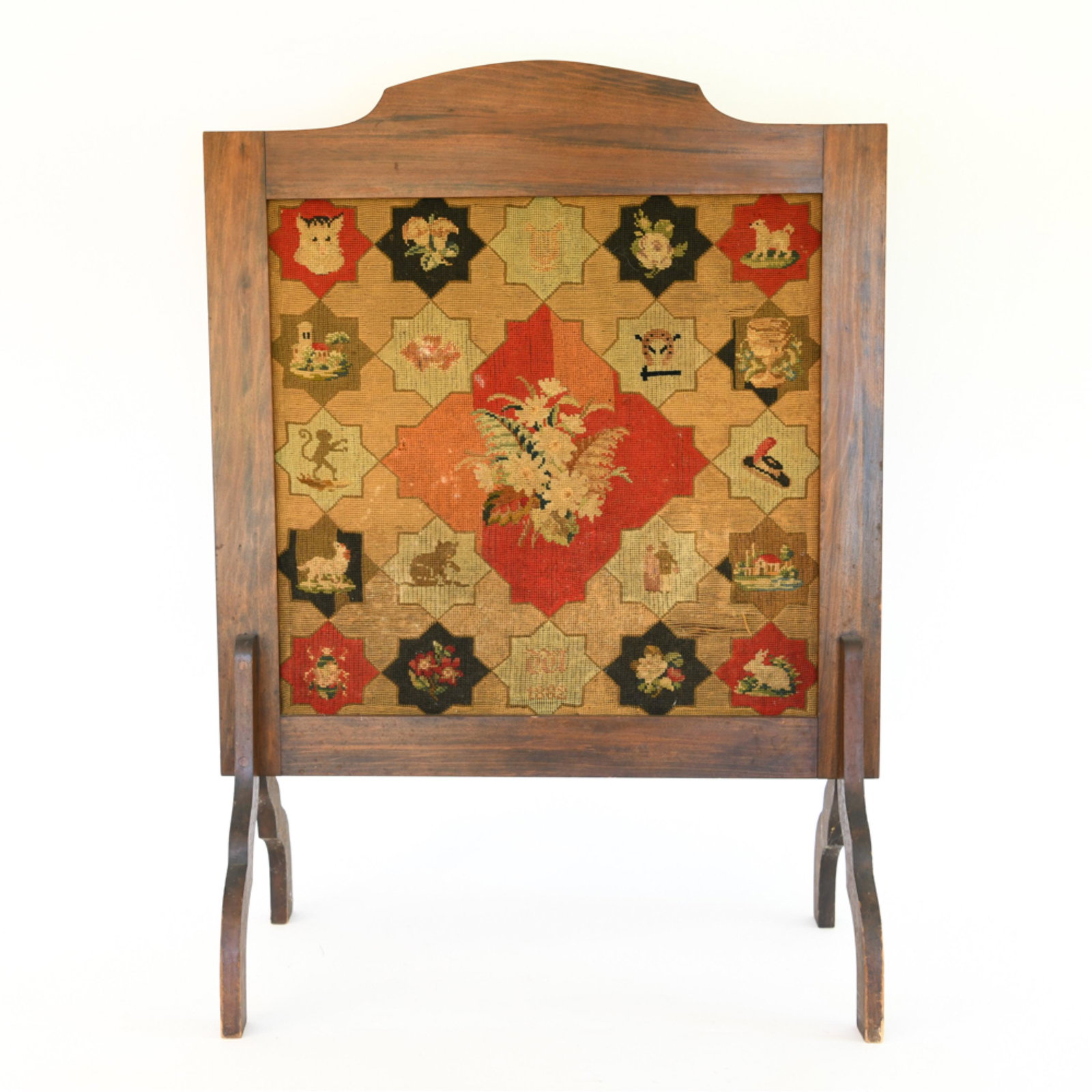 ARTS AND CRAFTS FIRESCREEN w/ VICTORIAN WOOL WORK (1 of 10)