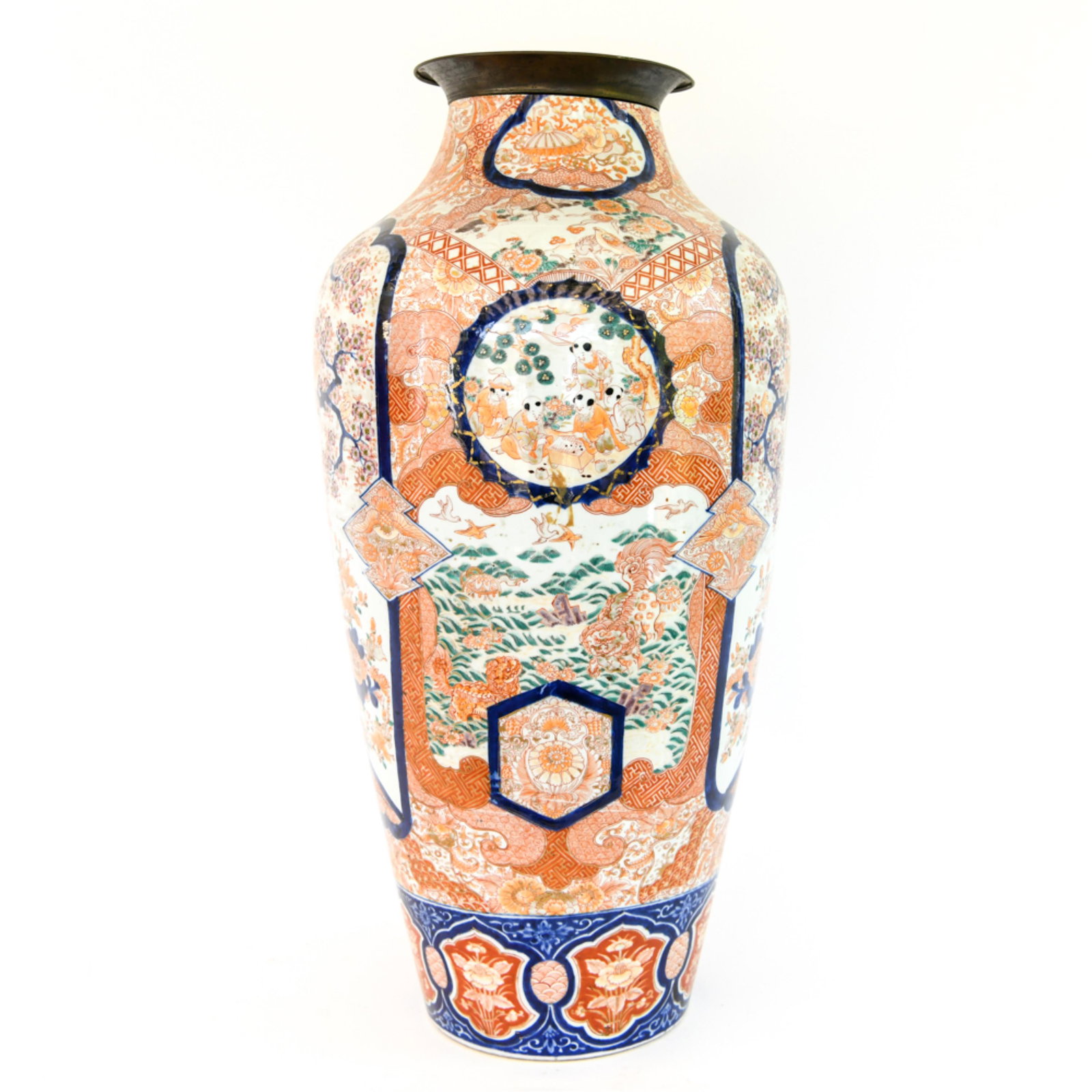 MONUMENTAL ANTIQUE IMARI PORCELAIN VASE: Extensively decorated. Dimensions: H 30.25" x D 15" Condition: Cut through neck top removed.