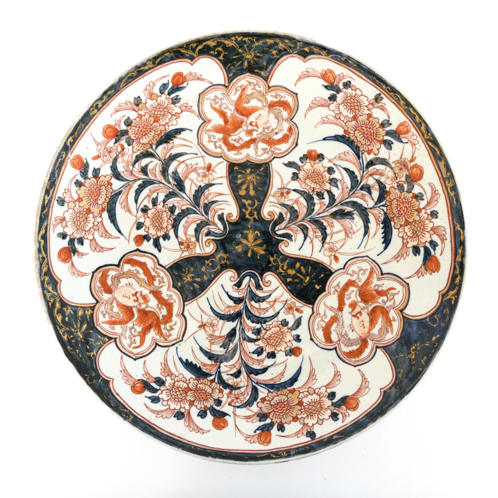 ANTIQUE IMARI PORCELAIN CHARGER: Unmarked. Dimensions: D 18.75" Condition: Repair to edge. Some wear to gold.