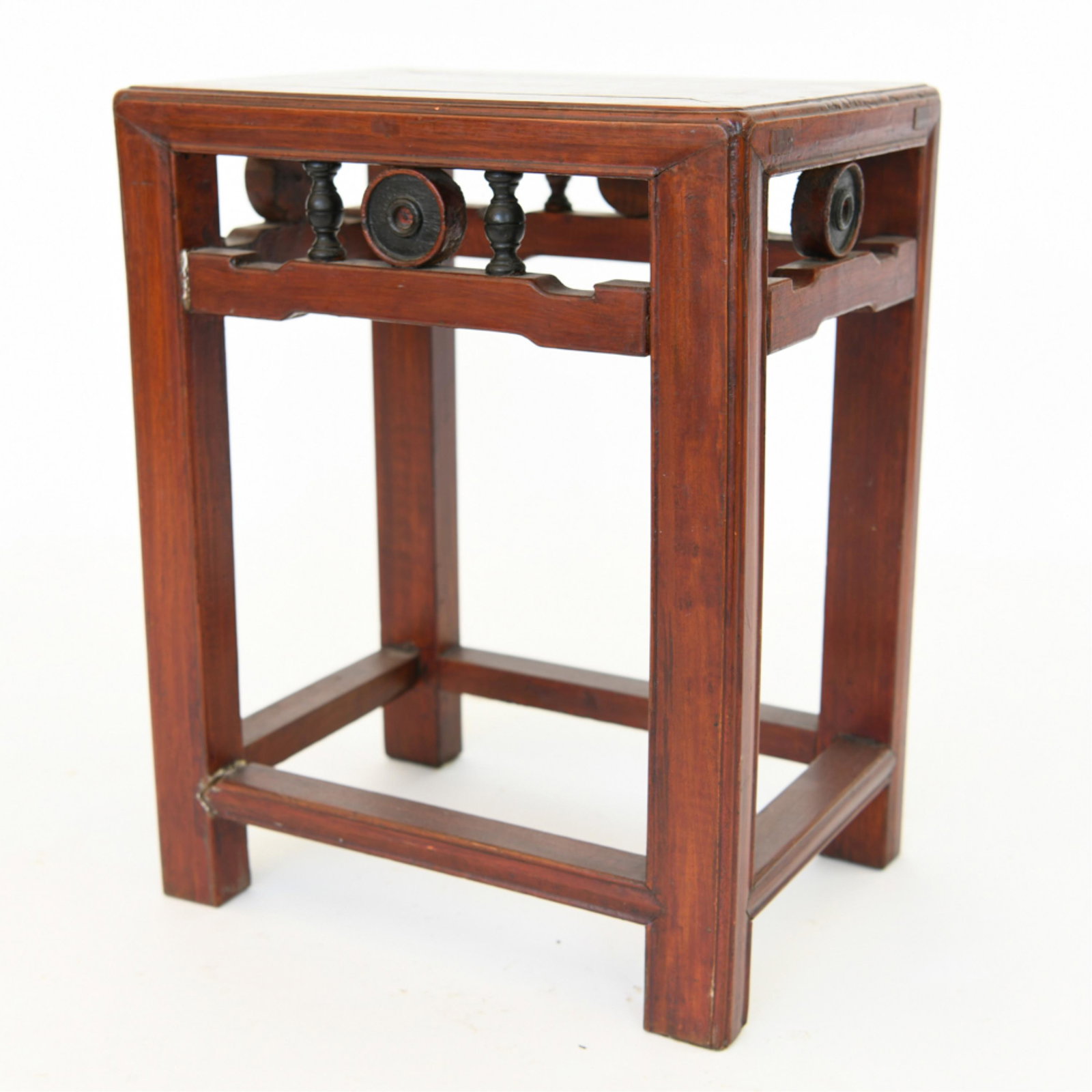 VINTAGE CHINESE STAND OR TABLE: Stained red. Black details. Dimensions: H 19" x W 15" x D 11" Condition: Separating joints. Surface nicks.