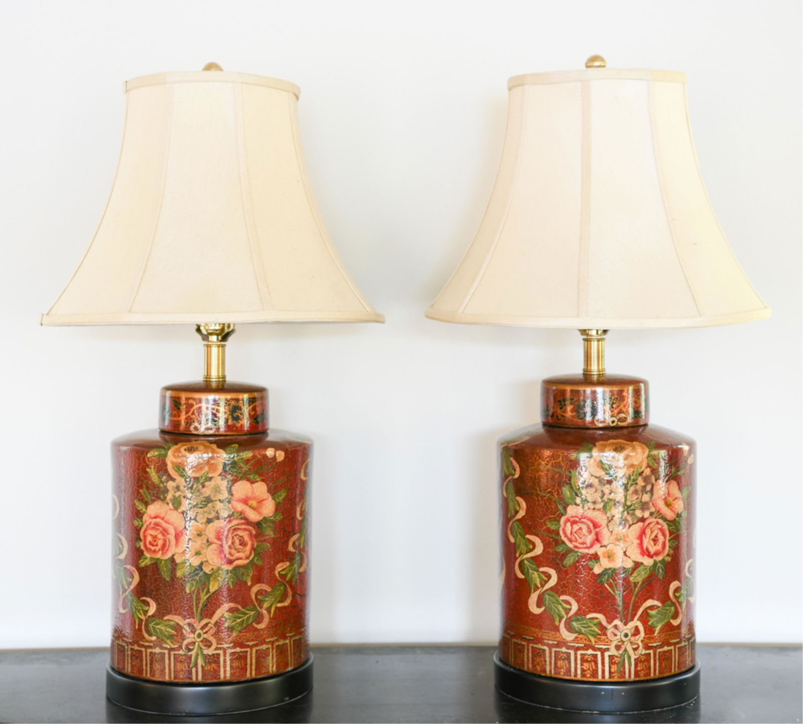 PAIR OF CONTEMPORARY PAINT DECORATED CERAMIC LAMPS (1 of 11)