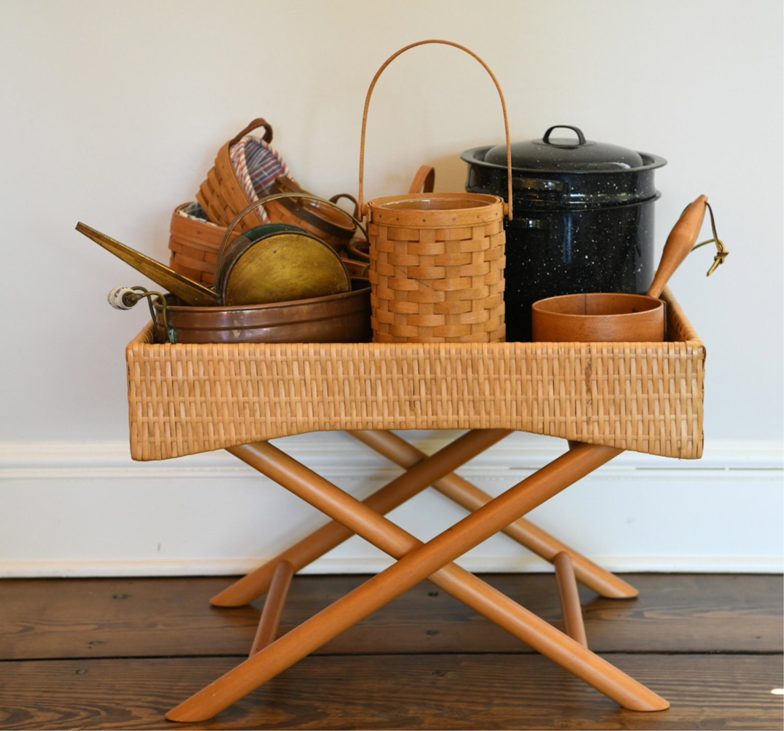 GROUPING OF BASKETRY ETC.: Including a woven tray top table and hand made shaker style pot. Dimensions: (Table) H 17" x W 24"x D 17" Condition: Some overall light wear. Condition: