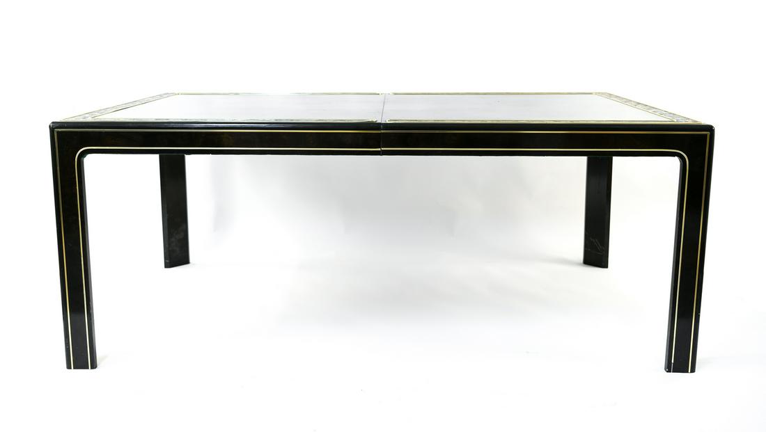 BERNARD RHONE FOR MASTERCRAFT DINING TABLE: Dimensions: H 29" x W 74" x D 45" Condition: Signs of wear including scratches to top and leaf. Missing section of brass trim to two legs. Modest patina to inlay.
