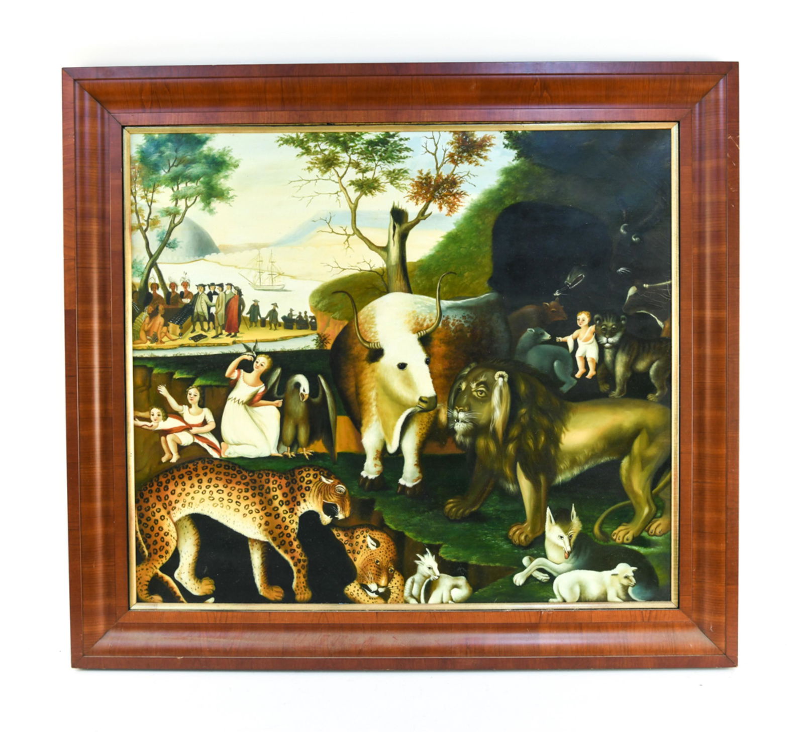 CONTEMPORARY O/C AFTER EDWARD HICKS: Unsigned. "Peaceable Kingdom" Dimensions: (Frame) H 38” x W 42" (Sight) H 30.25" x W 35" Condition: No issues to note.