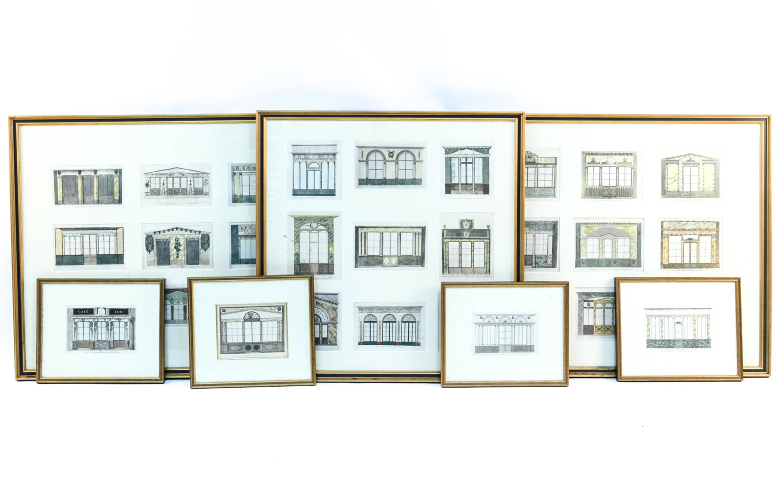 (31) 19TH CENTURY PARIS SHOPFRONT LITHOGRAPHS: Hand colored lithographs. Framed in three frames of 9 lithographs. with four framed singly. Dimensions: Largest (Frame) H 34" x W 42" (Sight) H 25" x W 30" Condition: A few small frame marks.