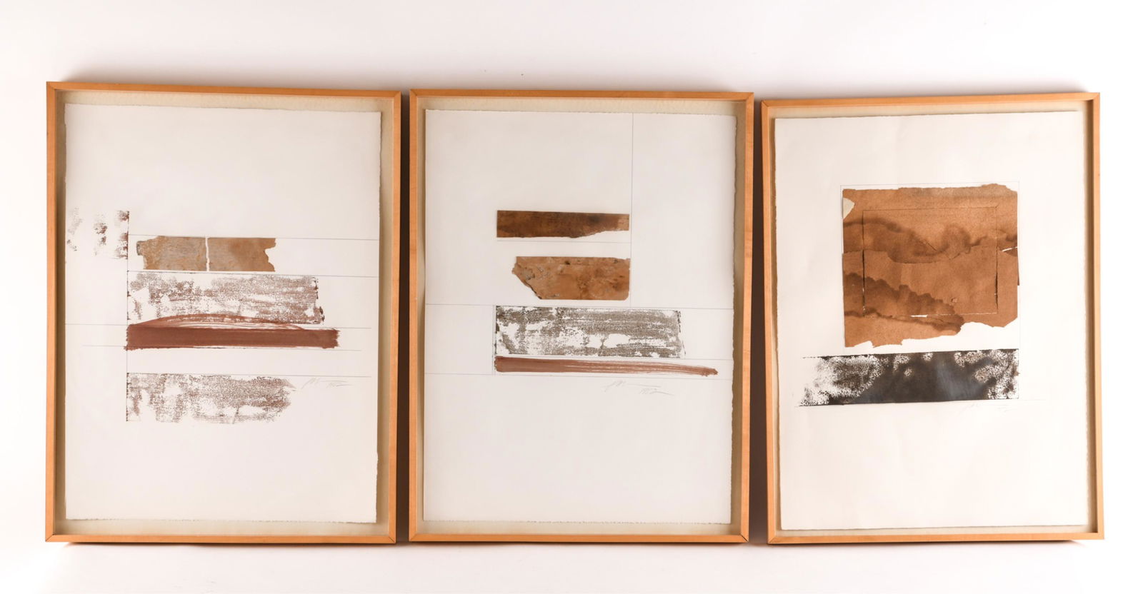 (3) GREG COPELAND MIXED MEDIA WITH COLLAGE SIGNED: Suite of 3 abstract mixed media with collage works on paper. Signed and dated 1982 lower right. Greg Copeland Inc. stickers verso. Dimensions: (Frame) H 32.75" x W 24.75" x D 2" (Sight) H 30" x W 22"