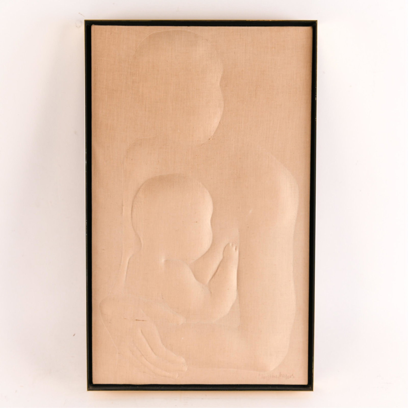 CHRISTINE MEYERS MOTHER AND CHILD FABRIC ART: Stitched and couched fabric. Signed lower right Christine Meyers. Dimensions: H 23.75" x W 14.75" x D 1.75" Condition: Few light stains to fabric.