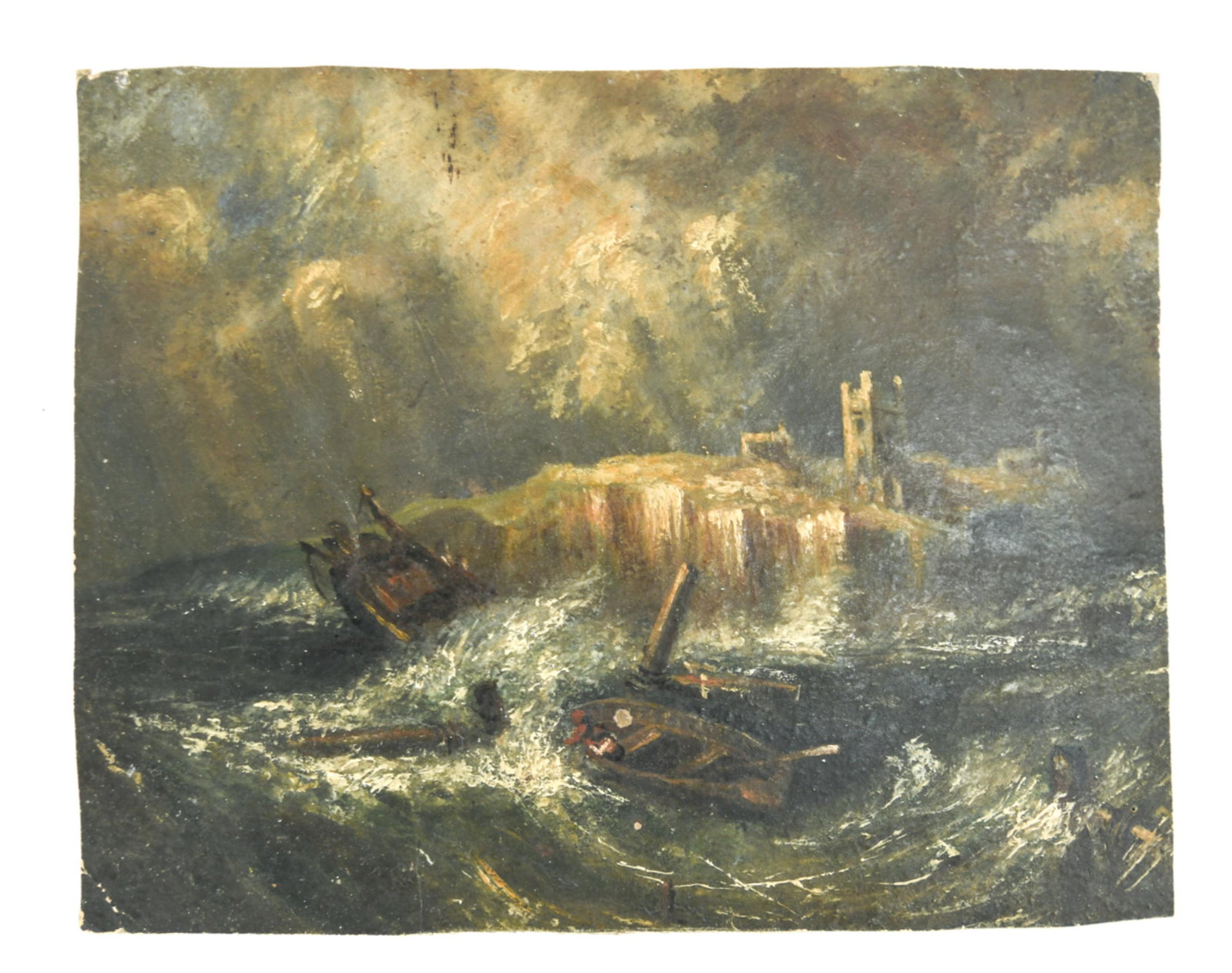19TH CENTURY OIL / PAPER SHIPWRECK, UNSIGNED: Early to mid 19th Century. Shipwreck before shoreline ruins. Dimensions: H 8" x W 10" Condition: Unevenly trimmed. Small surface losses. hole upper left.