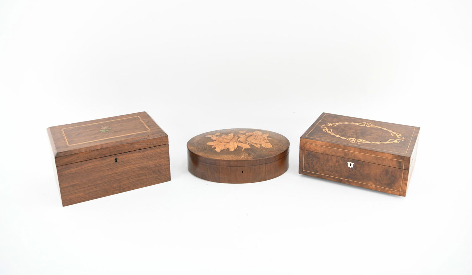 ANTIQUE INLAID WOODEN BOX GROUPING: Burl wood with inlay. Dimensions: H 7.5" x W 12" x D 8.5" Condition: Normal signs of age including small losses to veneer.