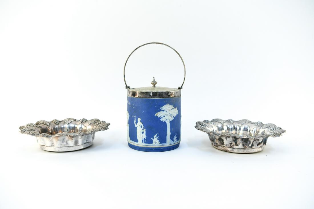 GROUPING INCL. WEDGWOOD BISCUIT JAR: Jasperware marked Wedgwood, Sheffield plate container, two silver metal wine coasters, and another silver metal container. Dimensions: (Wedgwood) H 6" x Dia. 5" Condition: Dirty, worn. Few dents.