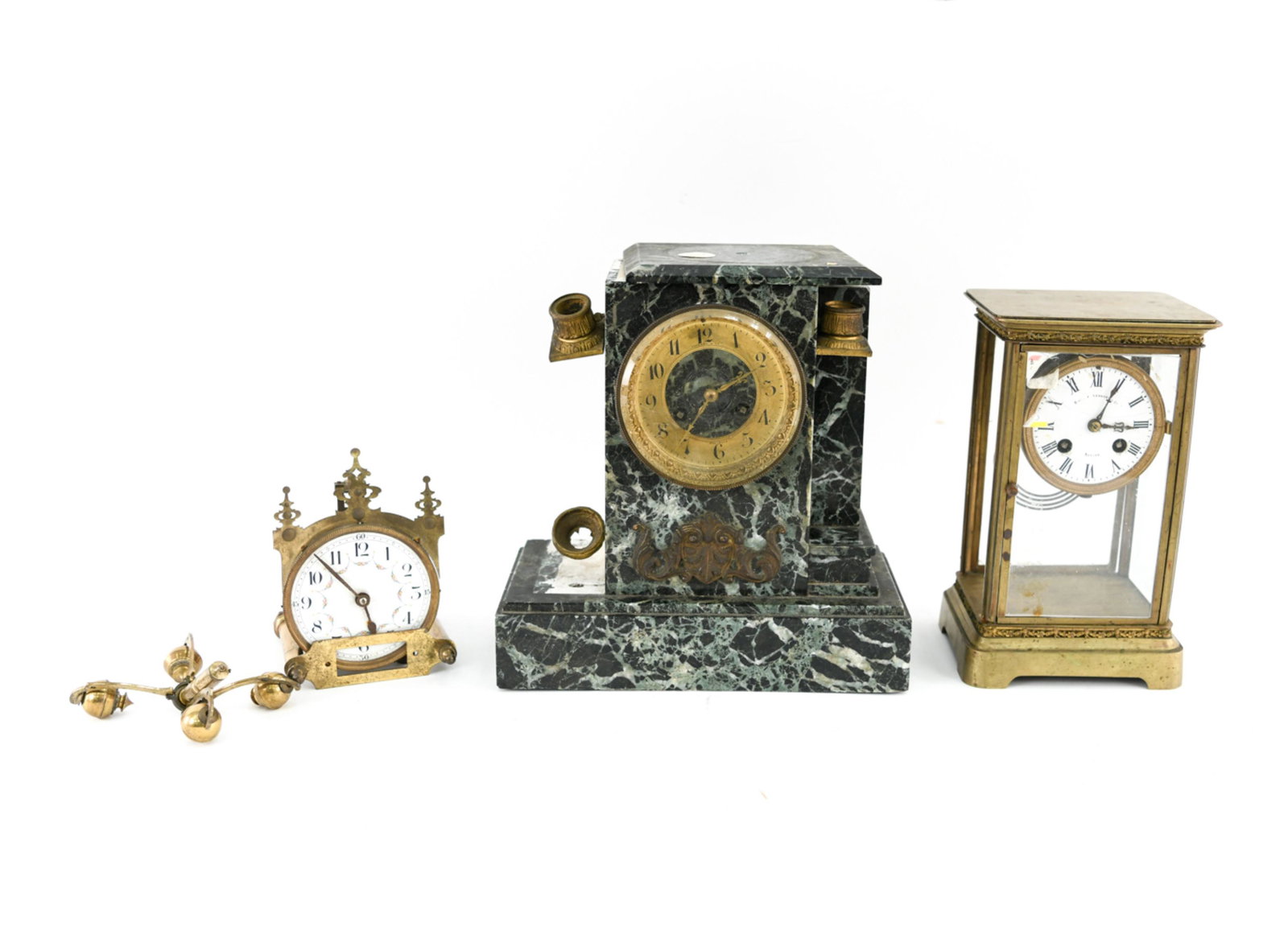 GROUPING INCL. ANTIQUE TIFFANY MANTEL CLOCK: Marble and ormolu mantel clock marked Tiffany. Plus two other clocks/parts. Dimensions: (Tiffany) H 11" x W 11" x D 8" Condition: Losses to marble and ormolu. Others with damages.