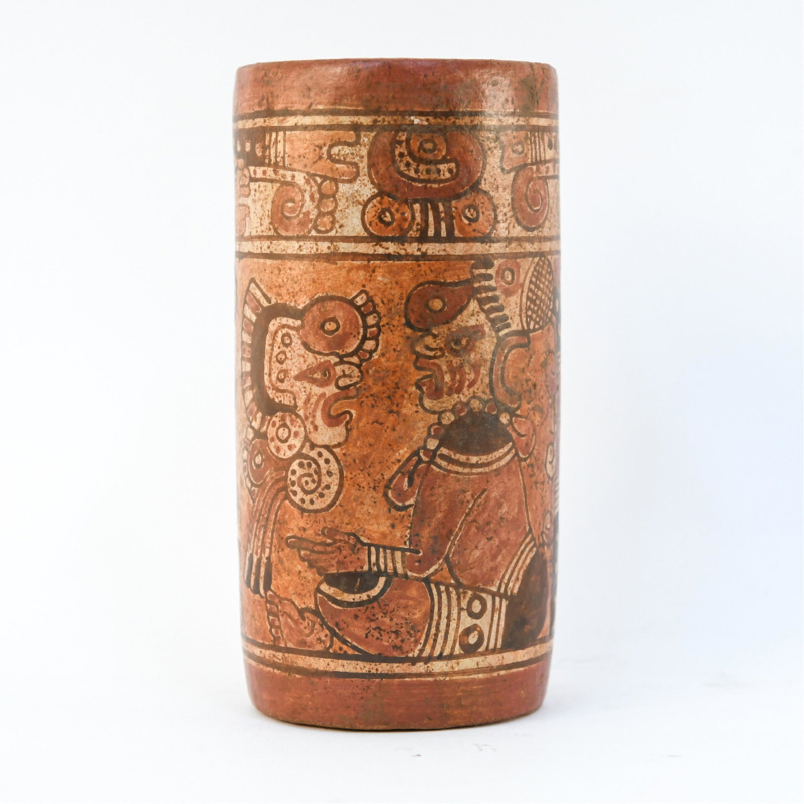 MAYAN STYLE PAINTED CYLINDER VADE: Possible reproduction. Dimensions: H 8.5" x Dia. 4" Condition: No breaks or repairs.