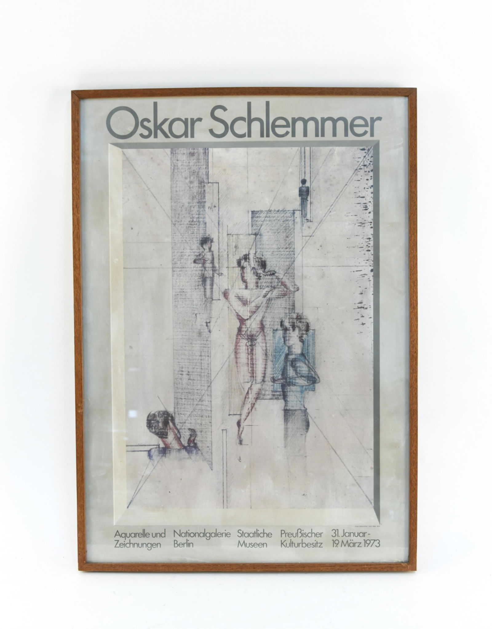 OSKAR SCHLEMMER EXHIBIT POSTER: Exhibition poster dated 1973. Dimensions: (Frame) H 34" x W 24" Condition: Dust to surface. Wear to frame.