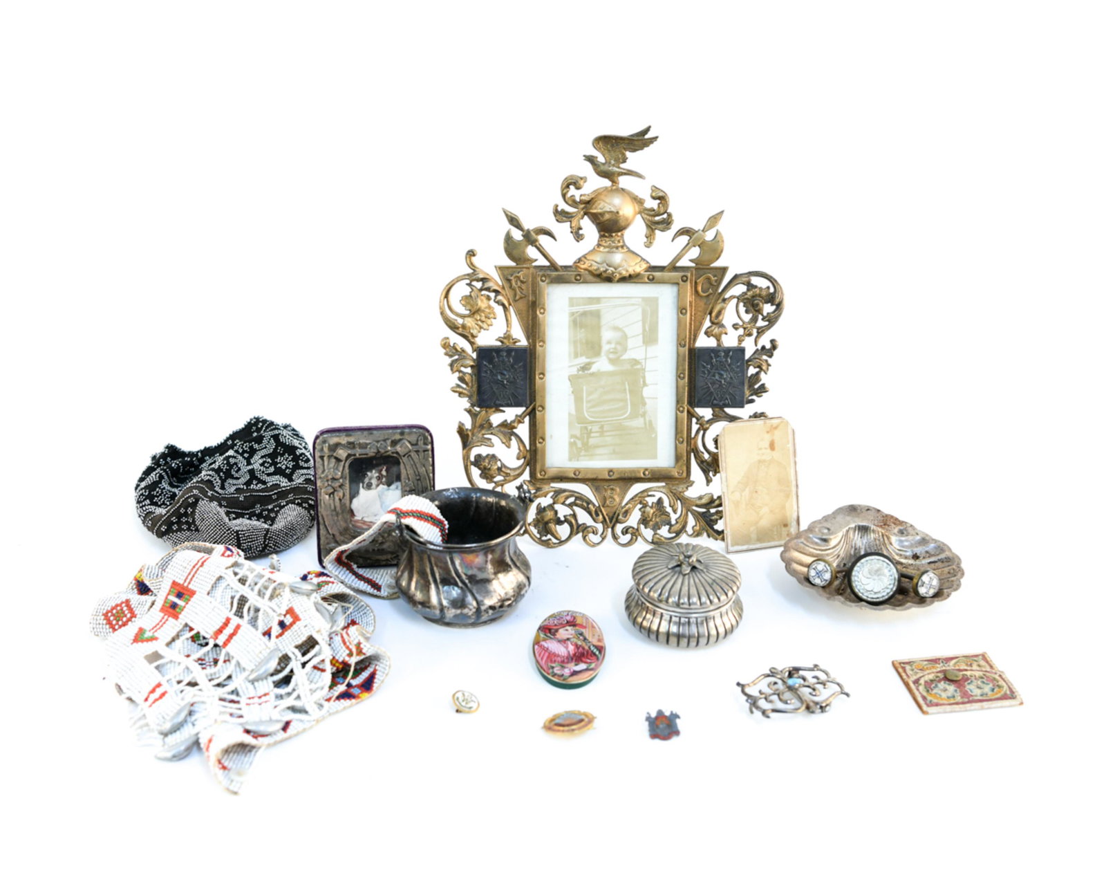 ANTIQUE DECORATIVE GROUPING INCL STERLING: Including an 800 silver French pill box, a sterling silver hallmarked mini cauldron, a sterling picture frame and S. Kirk & Son sterling silver shell dish, a sterling silver and turquoise belt buckle,