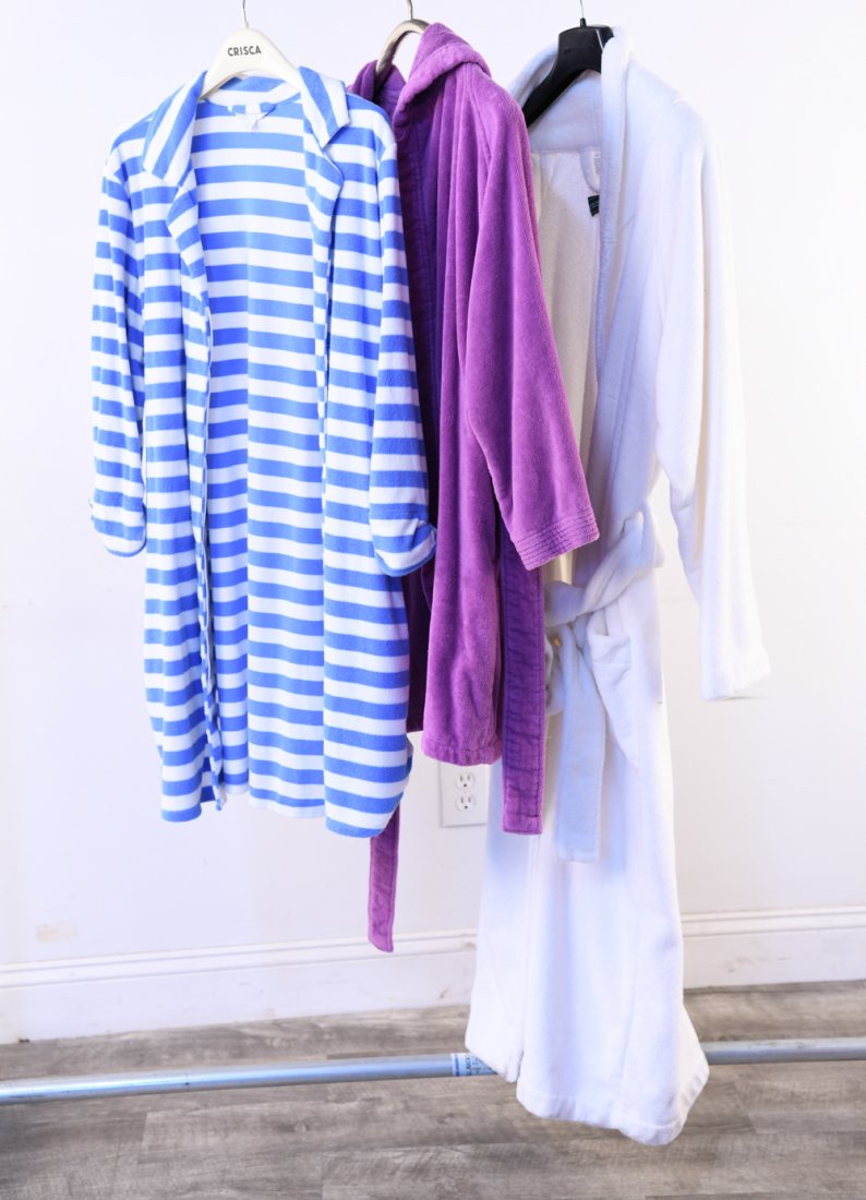 (3) ROBES: Lacoste purple, Charter Club and Hammacher Schlemmer. Size: Charter Club: XL, others no sizes. Condition: Barely used.