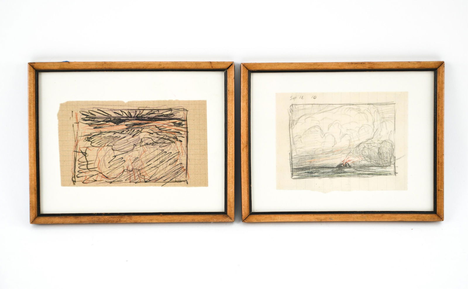 (2) ATTR. LYONEL FEININGER (1871 -1956) DRAWINGS: Two Expressionist mixed media landscape drawings. One on line ruled paper, the other on graph paper. Both unsigned, one dated Sep 16 10. Dimensions: (Frames) H 6.26" x W 8" (Paper) H 4" x W 5.25" Cond