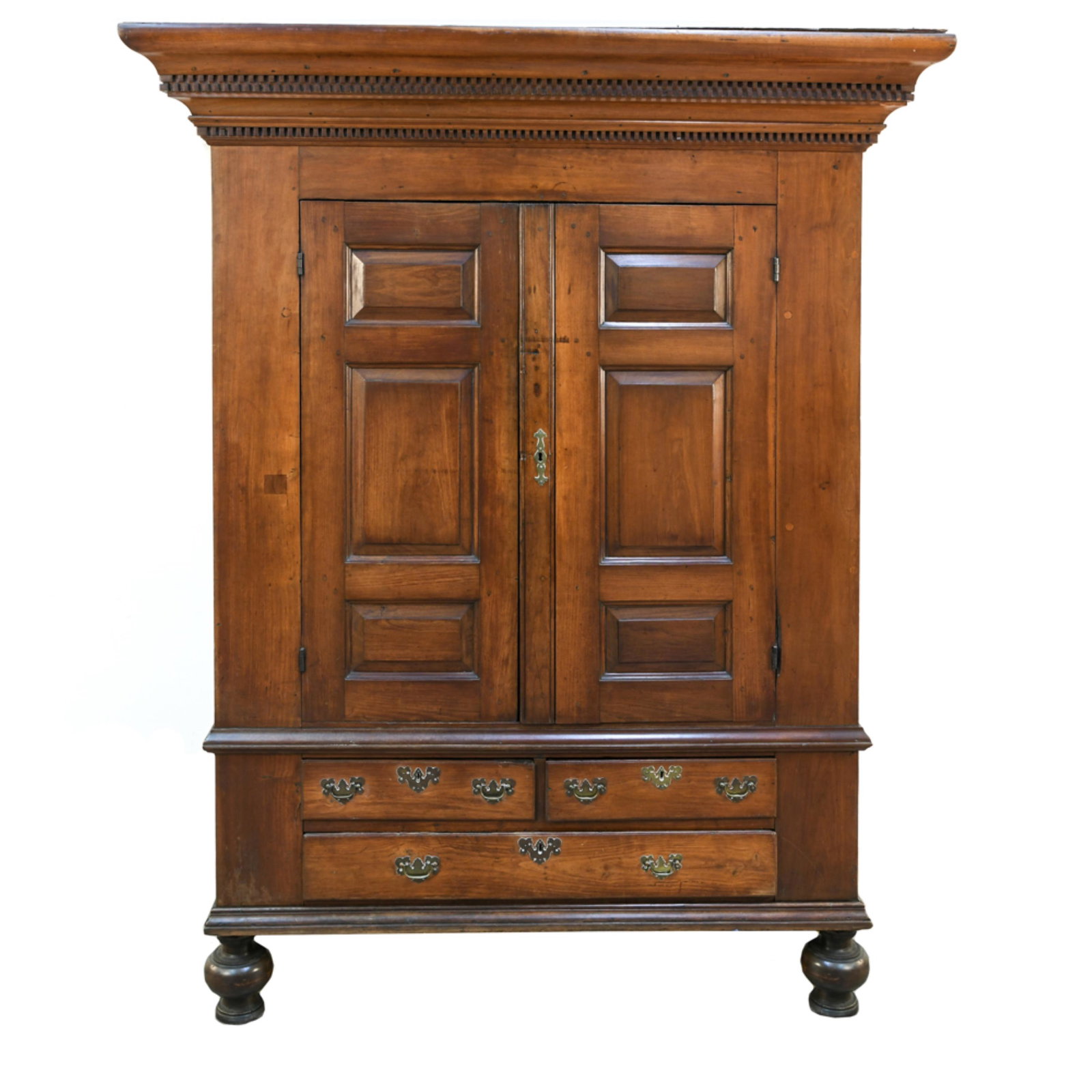 18TH C. PENNSYLVANIA CHIPPENDALE KAS: On ball feet. Probably walnut. Two over one drawer base. Dimensions: H 79" x W 62" x D 22" Condition: Wear consistent with age and use including nicks, scratches and minor losses. Patina to brass hard