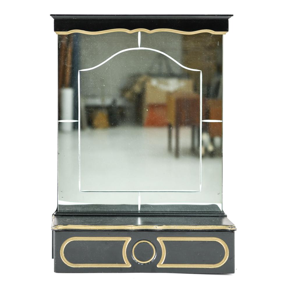 ATTR. DOROTHY DRAPER VANITY SHELF: Hinged compartment. Reverse etched glass. Dimensions: H 24" x W 17" x D 5" Condition: Paint splatter to top. Minor scuffs to edges.