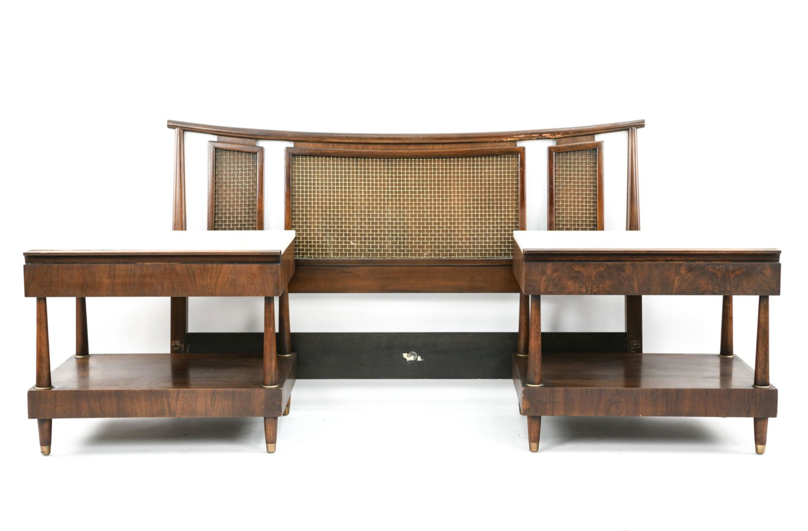 BERT ENGLAND HEADBOARD & NIGHTSTANDS: Tagged John Stuart inside drawers. Bert England by Johnson Furniture Co, retailed by John Stuart. Branded JFC under the JS label. Dimensions: (Headboard) H 37.5" x W 61", (Nightstands) H 23" x W 28" x