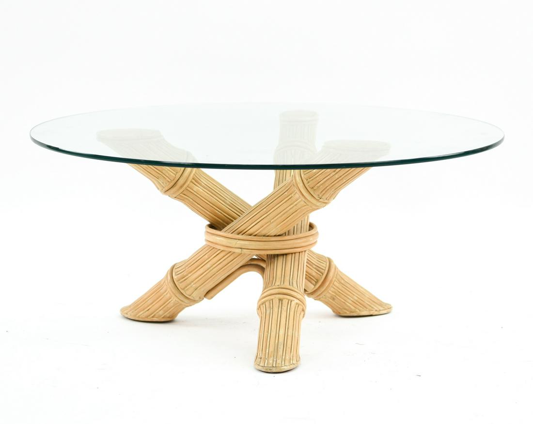FAUX BAMBOO AND GLASS COFFEE TABLE: Dimensions: H 15.75" x D 36" Condition: Wear consistent with age and use.