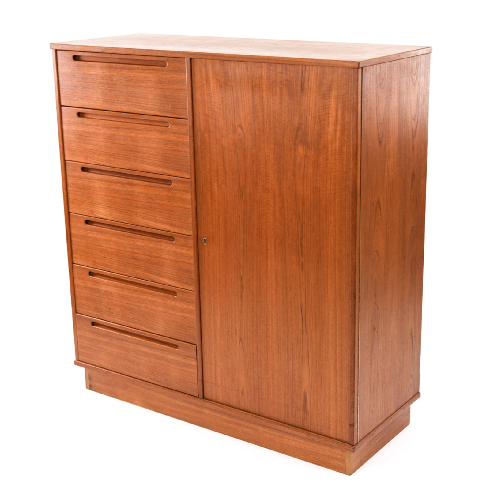 DANISH TALL TEAK CHEST OR WARDROBE: Dimensions: H 50.5” x W 47.5” x D 18” Condition: Light edge wear to one backside edge. Very clean.