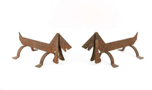 (2) ATTR. EDOUARD SCHENCK IRON FIRE DOG ANDIRONS: Dimensions: H 8.25" x W 19.5" x D 9.5" Condition: Normal iron rust.