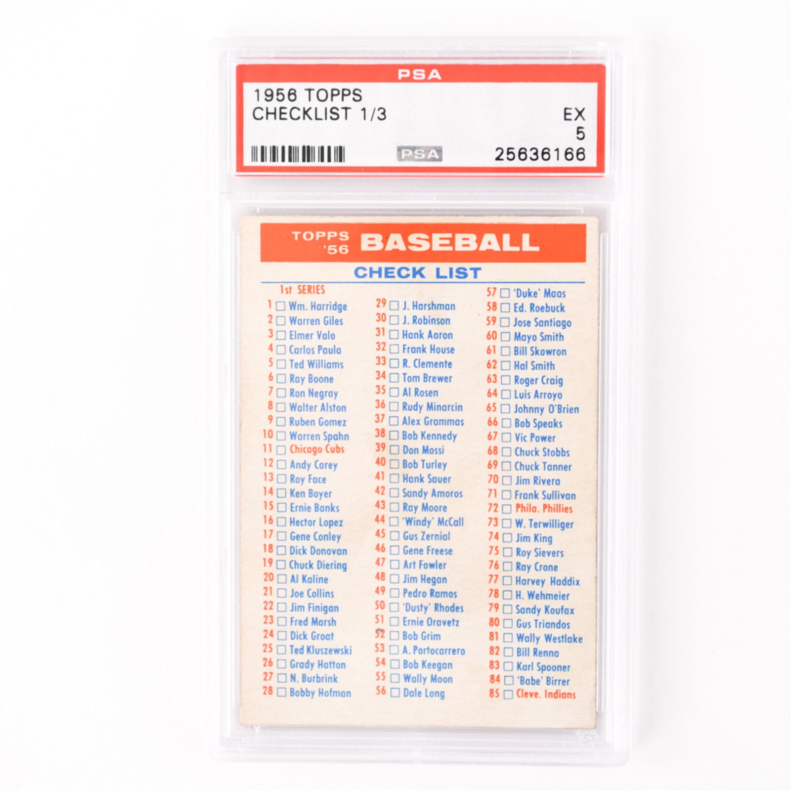 1956 TOPPS CHECKLIST 1/3 CARD (1 of 2)