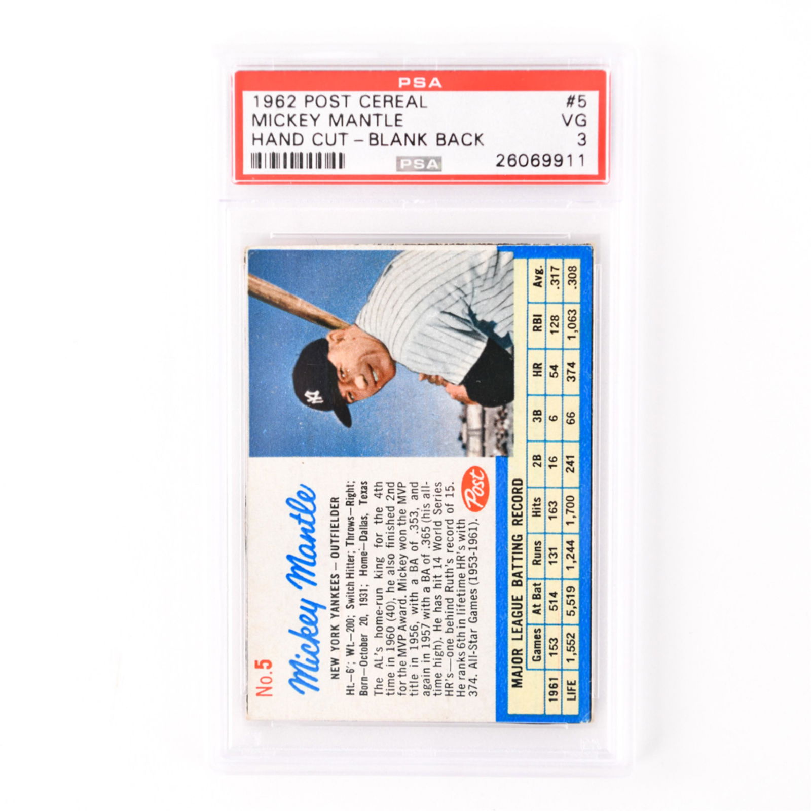 1962 POST CEREAL #5 MICKEY MANTLE HAND CUT BLANK (1 of 2)