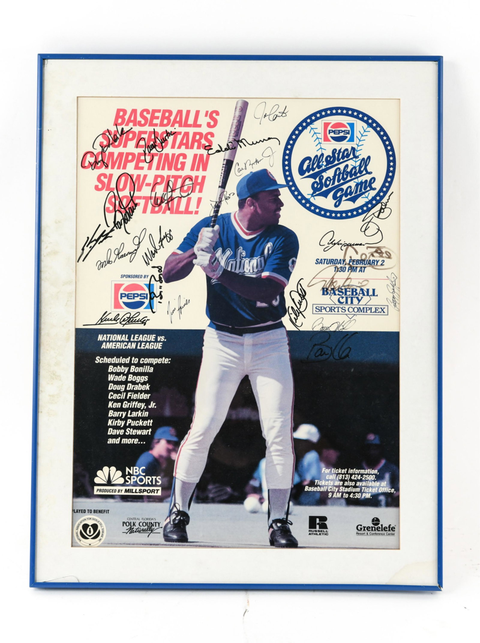 PEPSI ALL STAR SOFTBALL GAME SIGNED POSTER: Dimensions: (Frame) H 27.75" x W 21.25", (Sight) H 23.5" x W 17" Condition: Light toning to poster. Some foxing on matting including a water stain lower right. Corner chips to frame glass.