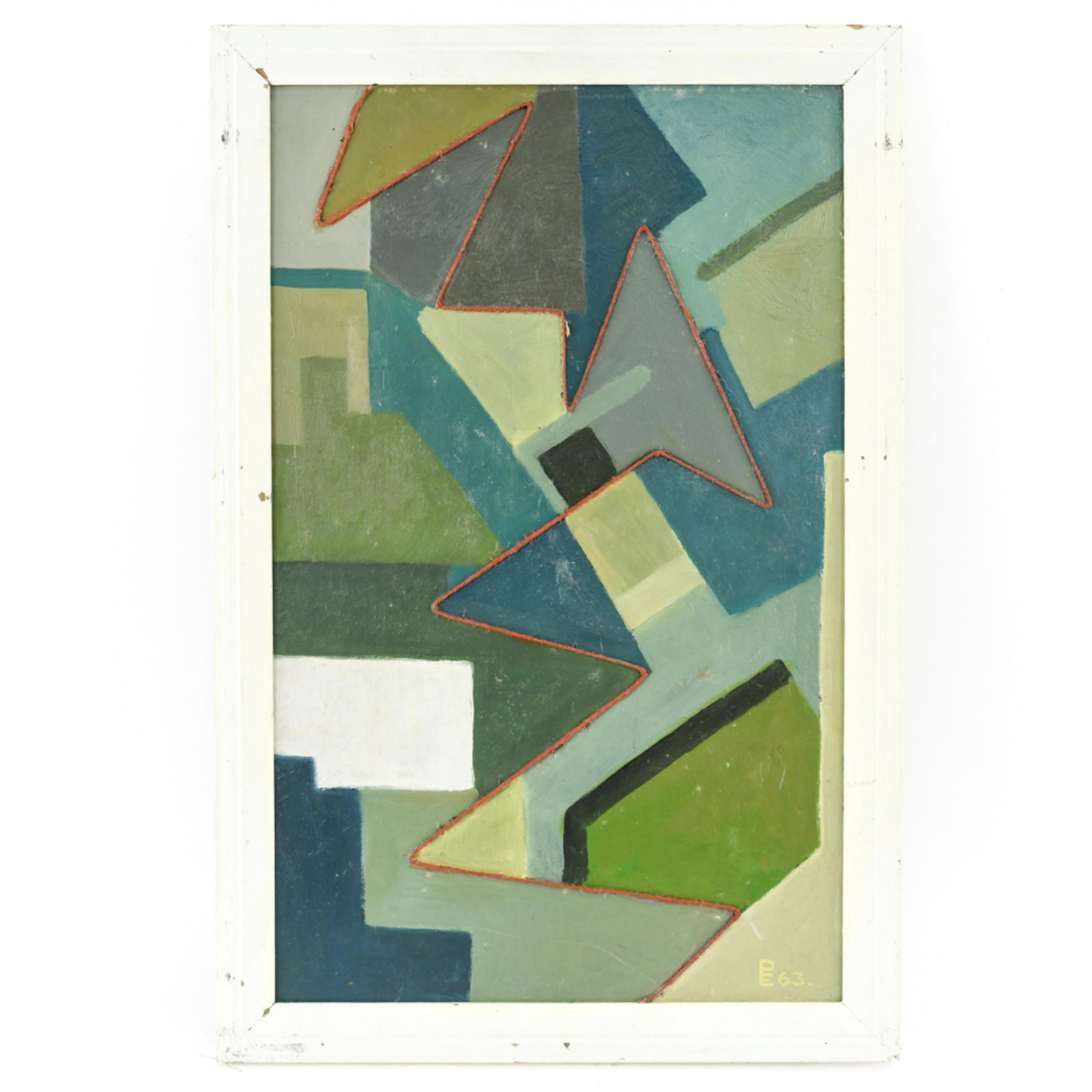 EXHIBITED 1963 DANISH ABSTRACT PAINTING: Geometric abstract with string. Initialed P.E. '63. Remains of 1963 exhibition label verso. Artist information scratched out. Oil on masonite. Dimensions: (Frame) H 26.5" x W 17.5", (Painting) H 24" x