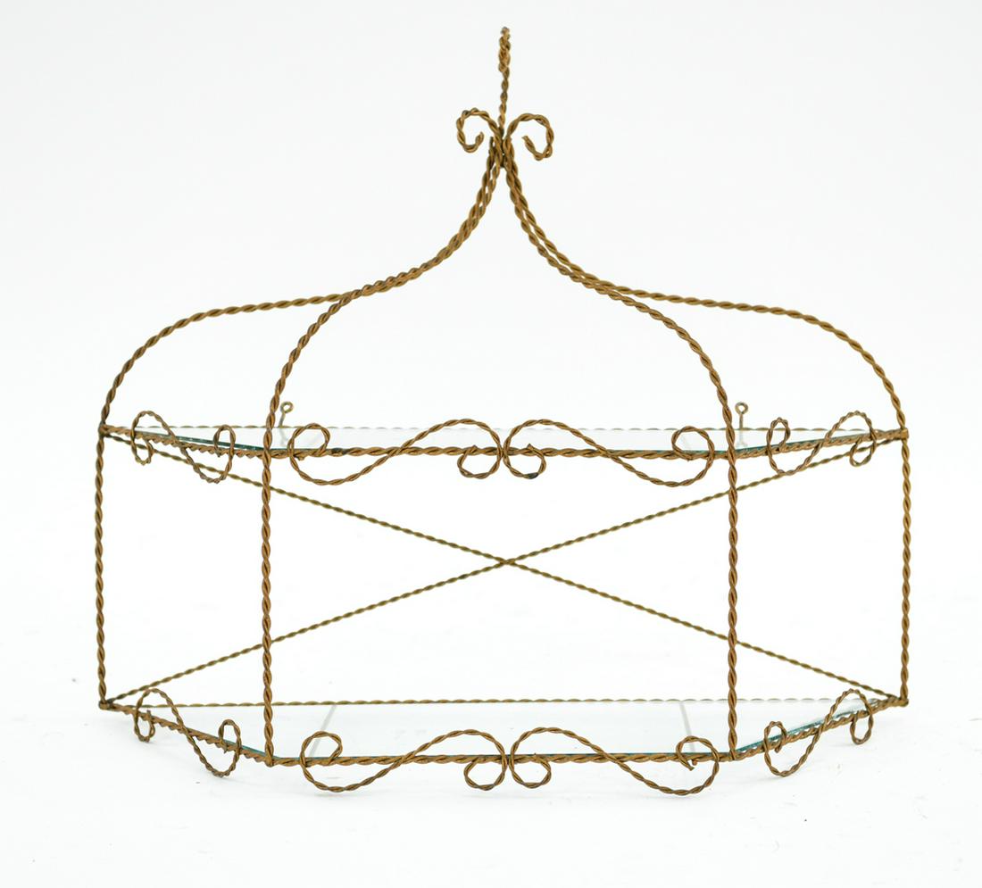 ITALIAN TWISTED WIRE WALL SHELF: Dimensions: H 20.5" x W 23.25" x D 7.5" Condition: Couple very small chips to edges of glass. Surface dust.