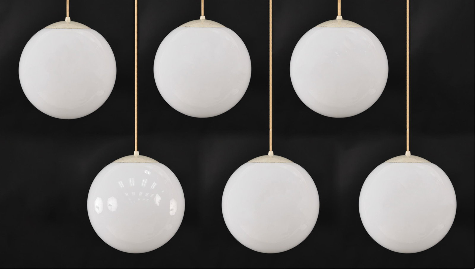 (6) MID-CENTURY HEYCO PENDANT LIGHT FIXTURES: Dimensions: D 13.75" Condition: Small paint splashes an minor signs of age. Minor rust and pitting to metal. As shown. In need of some restoration.