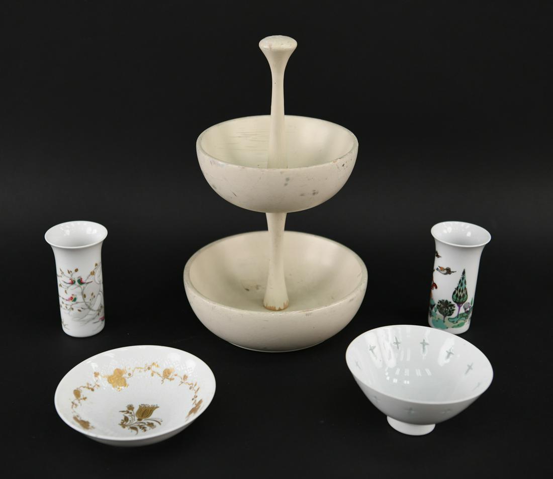 GROUPING INCLUDING SCANDINAVIAN CERAMICS ETC.: Including a wooden nut dish. All marked. Including Rosenthal Germany and Holt-Howard. Dimensions: (Largest) H 11" x D 7" Condition: Showing signs of age and use including paint finish wear to wooden n