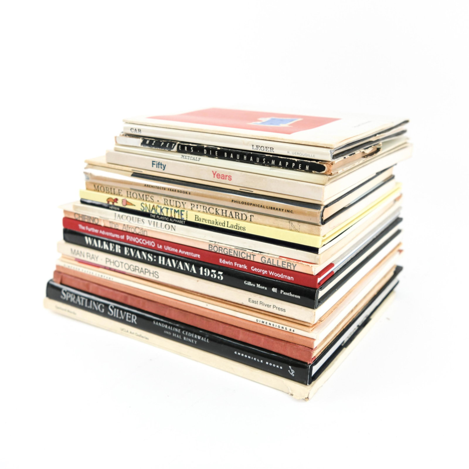 GROUPING OF MID-CENTURY BOOKS: Including a German 1956 Forum architecture book, A Swiss Robert Motherwell book, Bare Naked Ladies "Snack Time", Variations on a Theme: Fifty Years of Graphic Arts in America, Dimensions 84, Man Ray P