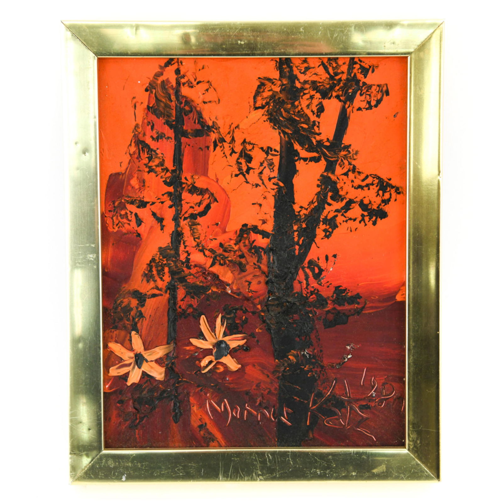 MORRIS KATZ (1931 - 2010) OIL / MASONITE: Heavy impasto. Signed and dated 1980. Dimensions: (Frame) H 11.25" x W 9" Condition: Scratches to frame. A couple surface scratches to painting.