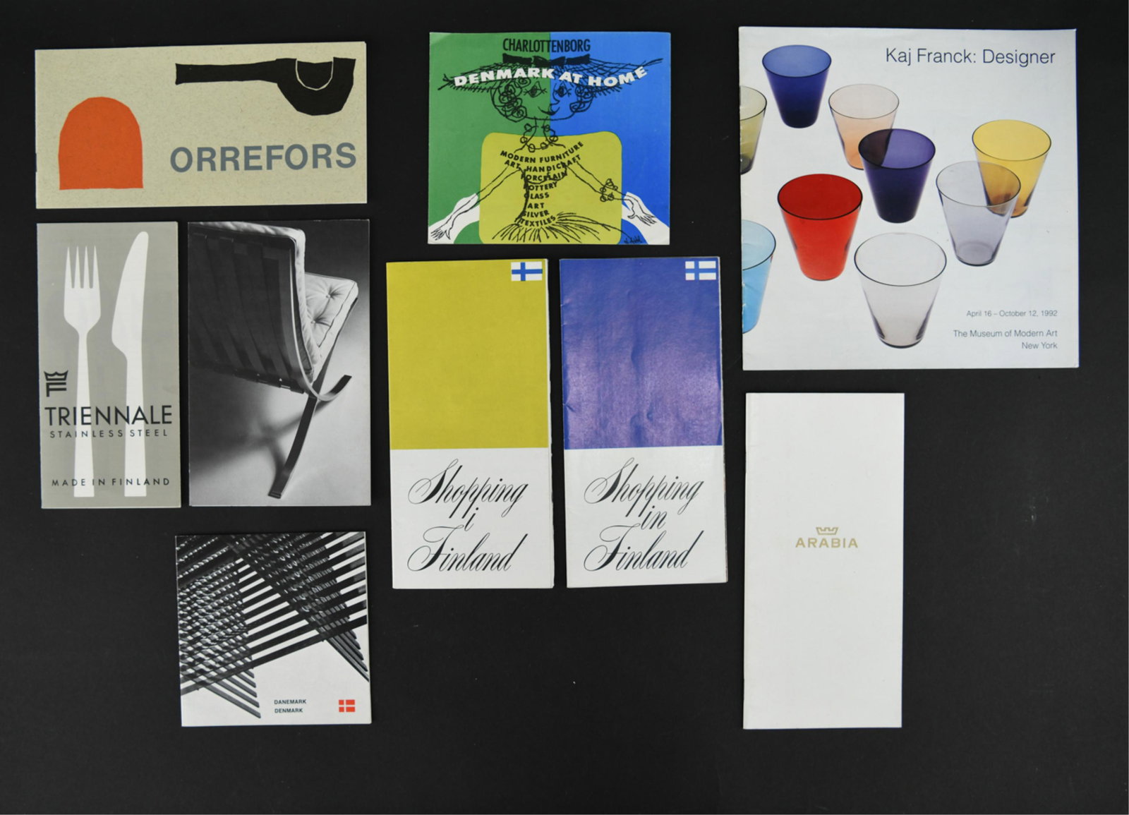 GROUPING OF MID-CENTURY DESIGN PAMPHLETS: Including "Shopiing in FInland" Mies Van der Rohe, Triennale, Arabia, Orrefors, Denmark at home, Kai Franck. Dimensions: L 8.5" x W 8.5" Condition: Showing minor signs of age.