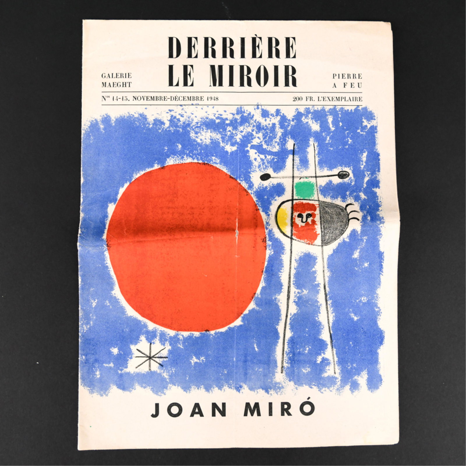 DERRIERE LE MIROIR 1948 JOAN MIRO ISSUE: Original publication. Fold-out. As published. Dimensions: H 15.25" x W 11" Condition: Folded in quarters. With breaks at the centers. Other handling marks and toning at the edges.