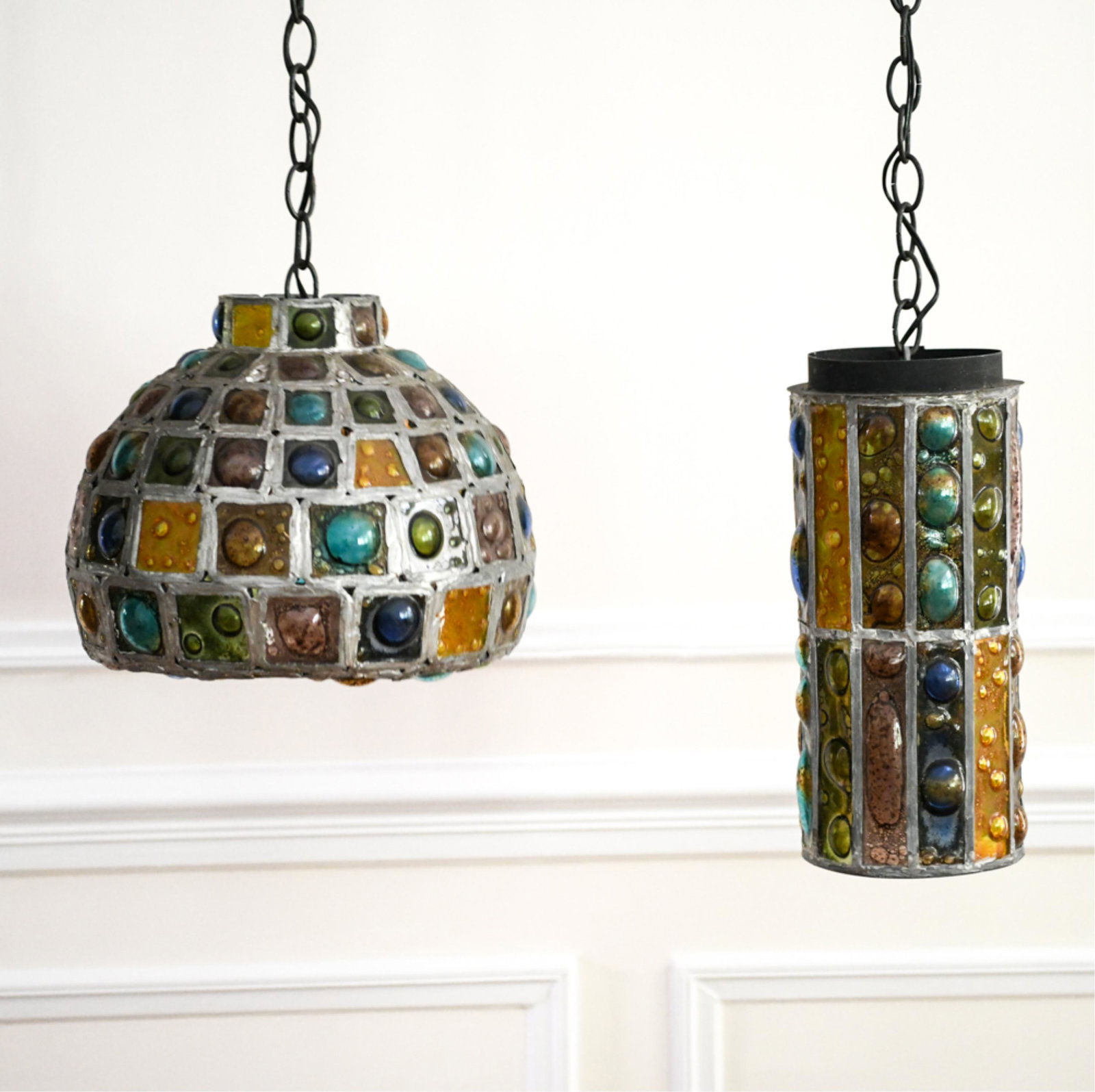 MID-CENTURY MOORISH STYLE BUBBLE GLASS LAMPS: Dimensions: (Larger) H 10" x Dia. 12", (Smaller) H 12" x Dia. 6.5" Condition: Minor dents to leading. No major chips or losses to glass.