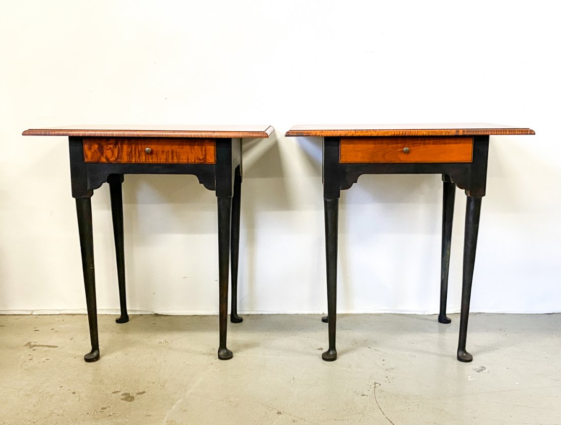 PAIR OF ELDRED WHEELER TIGER MAPLE ONE DRAWER STANDS (1 of 11)