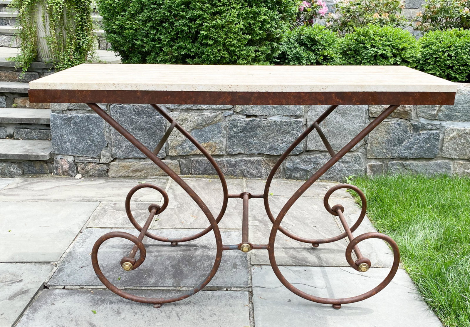 IRON & TRAVERTINE CONSOLE TABLE (1 of 11)