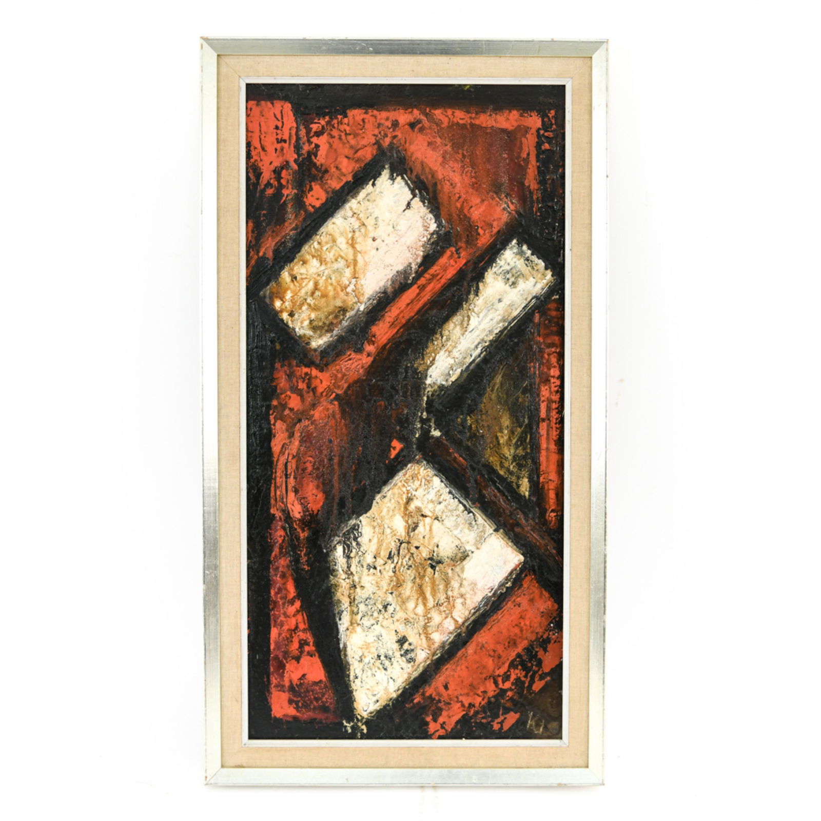 MID-CENTURY MODERN DANISH ABSTRACT: Oil on masonite. Initialed K.J. lower right. Dimensions: (Frame) H 26.75" x W 14.5", (Masonite) H 24" x W 11.75" Condition: Scrapes to frame. K126