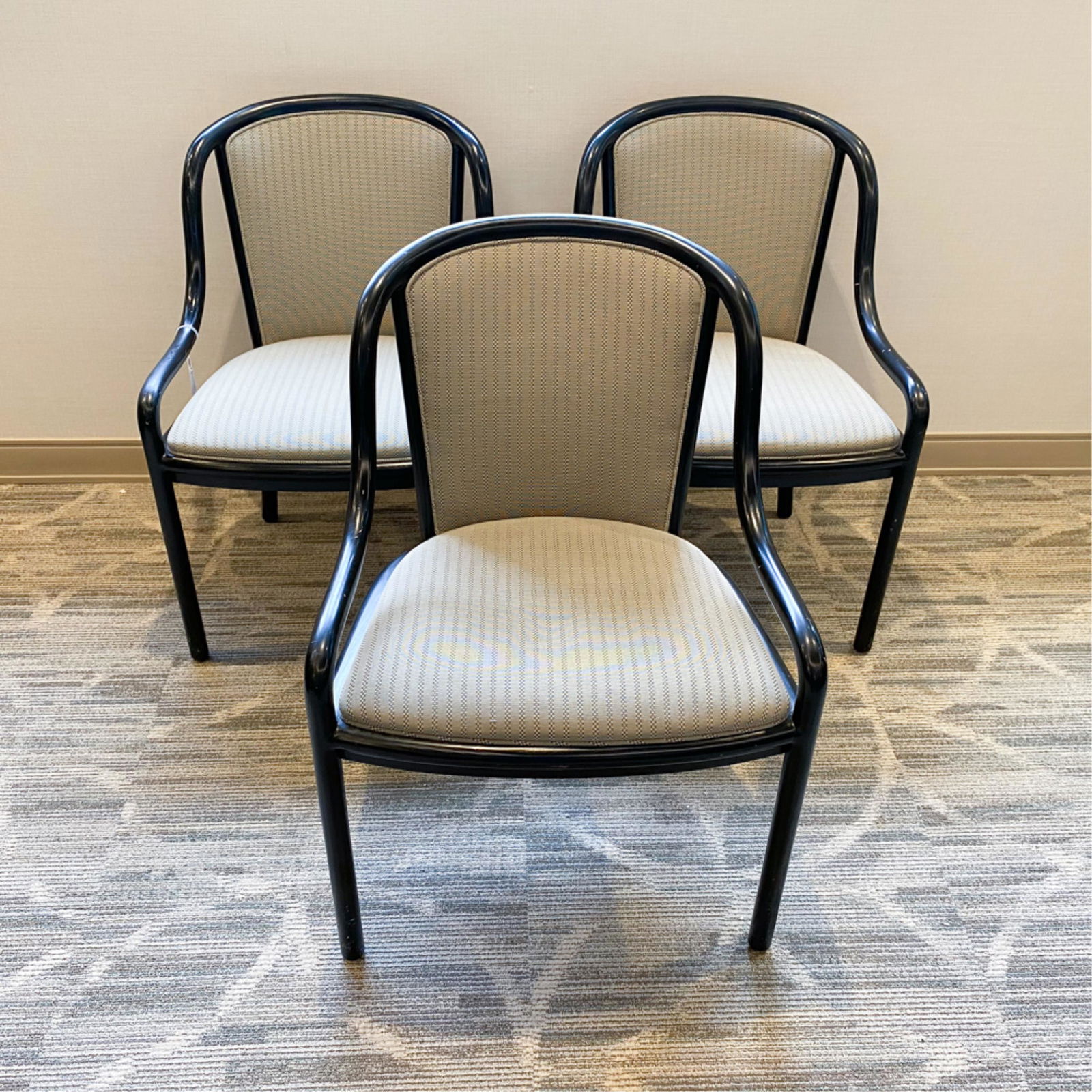 WARD BENNETT FOR BRICKEL CHAIRS: Bentwood, brown ash, original labels and upholstery. Dimensions: H 33" x W 23" x D 20" x SH 18" Condition: Very signs of use including light wear to arm rests.