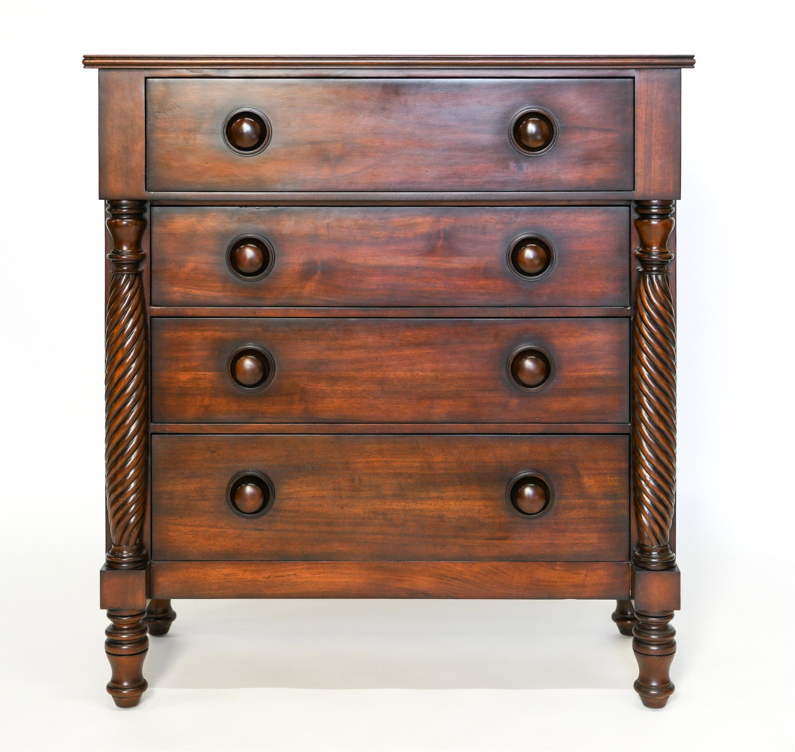 HENDREDON EMPIRE STYLE CHEST: Henredon label on back. Dimensions: H 50.25" x W 46" x D 20" Condition: Few surface marks including scratches, nicks, and dings.
