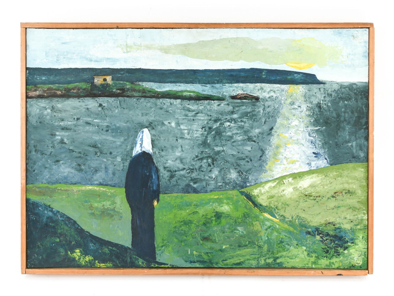 MODERN SURREALIST OIL ON MASONITE: Scratched initial lower right. Artist name given as Tom Matz verso. With title "Bretagne." Dated '80. Dimensions: (Frame) H 17.25" x W 24" Condition: Some marks on the frame. K111