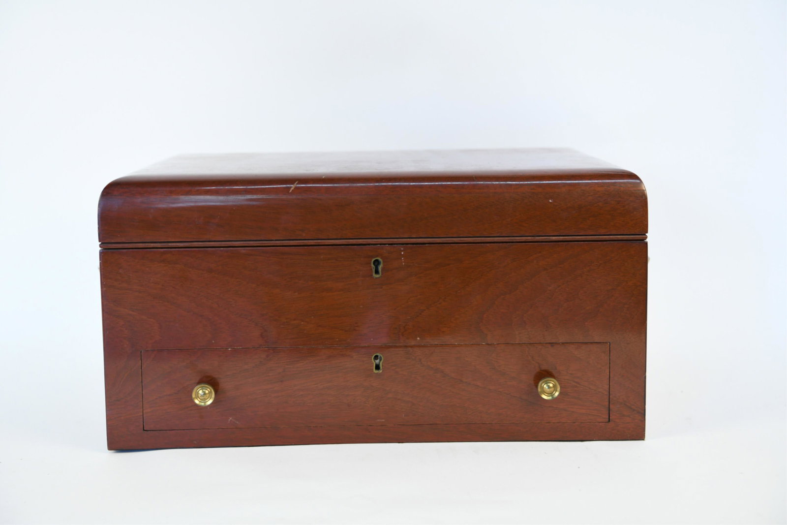 SILVER CHEST: Including two keys. Dimensions: H 9" x W 17.75" x D 13.25" Condition: Wear to wood including scuffs, nicks, and dings.
