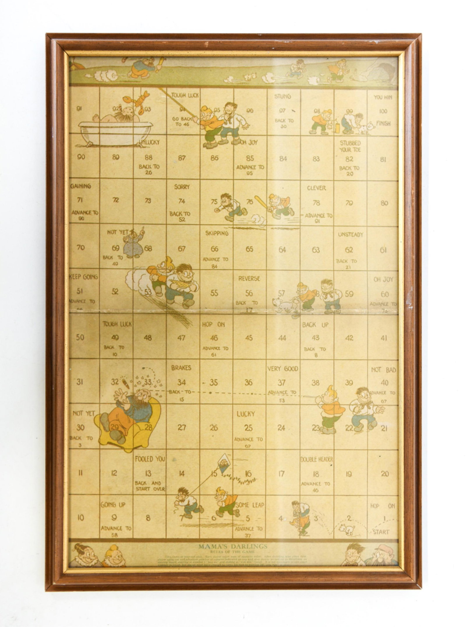 FRAMED MAMAS DARLINGS BOARD GAME: Dimensions: (Frame) H 19.75" x W 13.5", (Sight) H 18.25" x W 11.75" Condition: Light frame wear.